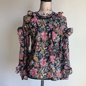 Topshop Blouse Floral Ruffle Trim Black Sz 2 NWT